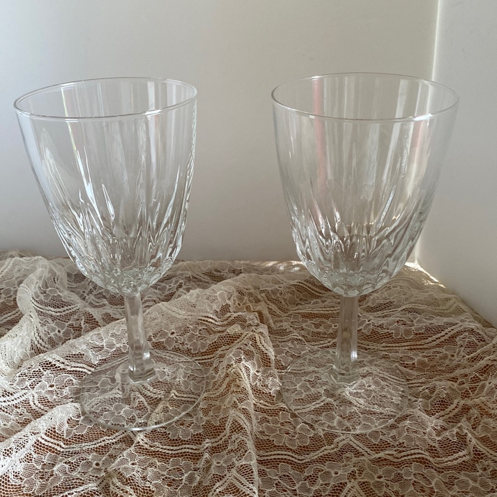 Vintage pair of clear crystal wine goblets made in France